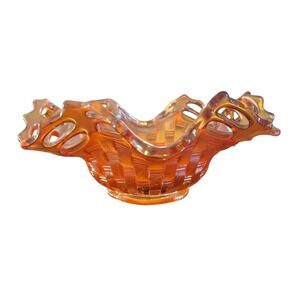 Orange Iridescent Fenton Art‎ Glass Basketweave Hobstar Bowl